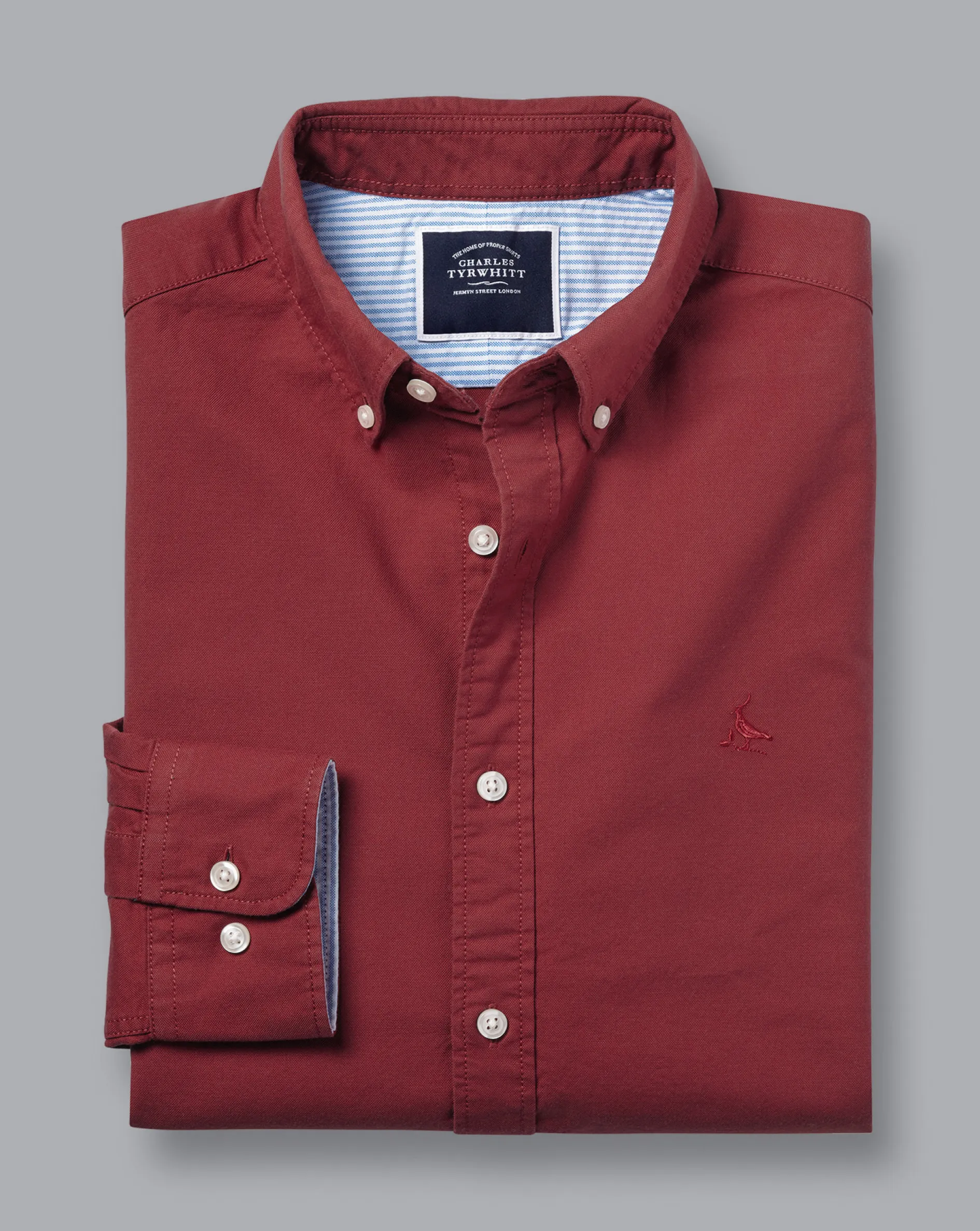 Best Charles Tyrwhitt Button-Down Collar Washed Oxford Shirt - Maroon Red