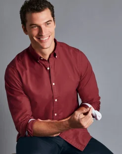 Best Charles Tyrwhitt Button-Down Collar Washed Oxford Shirt - Maroon Red