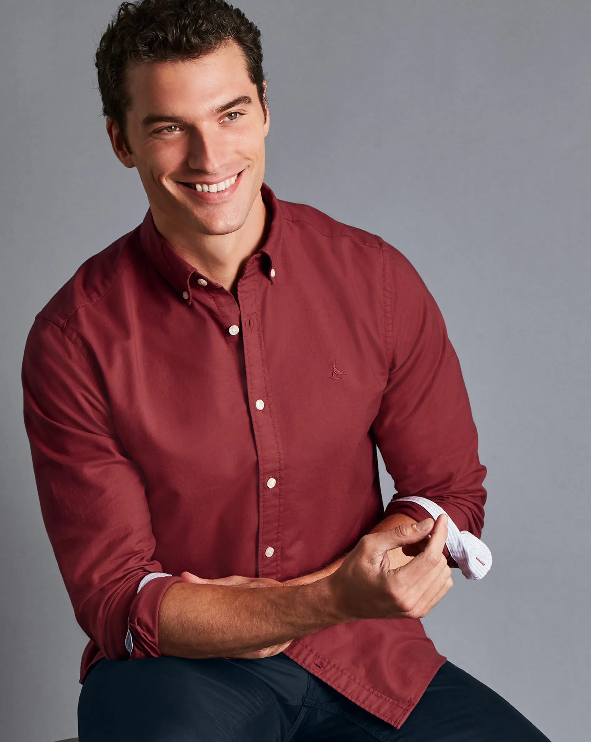 Best Charles Tyrwhitt Button-Down Collar Washed Oxford Shirt - Maroon Red