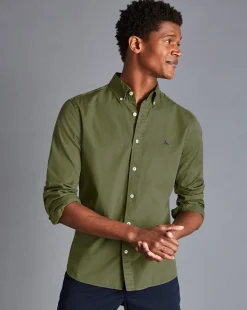 Flash Sale Charles Tyrwhitt Button-Down Collar Washed Fine Twill Shirt - Green Olive