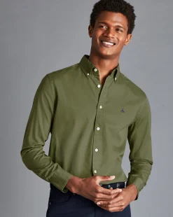 Flash Sale Charles Tyrwhitt Button-Down Collar Washed Fine Twill Shirt - Green Olive