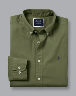 Flash Sale Charles Tyrwhitt Button-Down Collar Washed Fine Twill Shirt - Green Olive