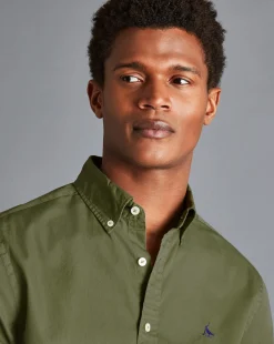 Flash Sale Charles Tyrwhitt Button-Down Collar Washed Fine Twill Shirt - Green Olive