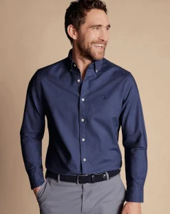 Hot Charles Tyrwhitt Button-Down Collar Washed Oxford Plain Shirt - Heather Blue