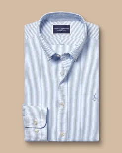 Best Charles Tyrwhitt Button-Down Collar Washed Oxford Stripe Shirt - Ocean Blue