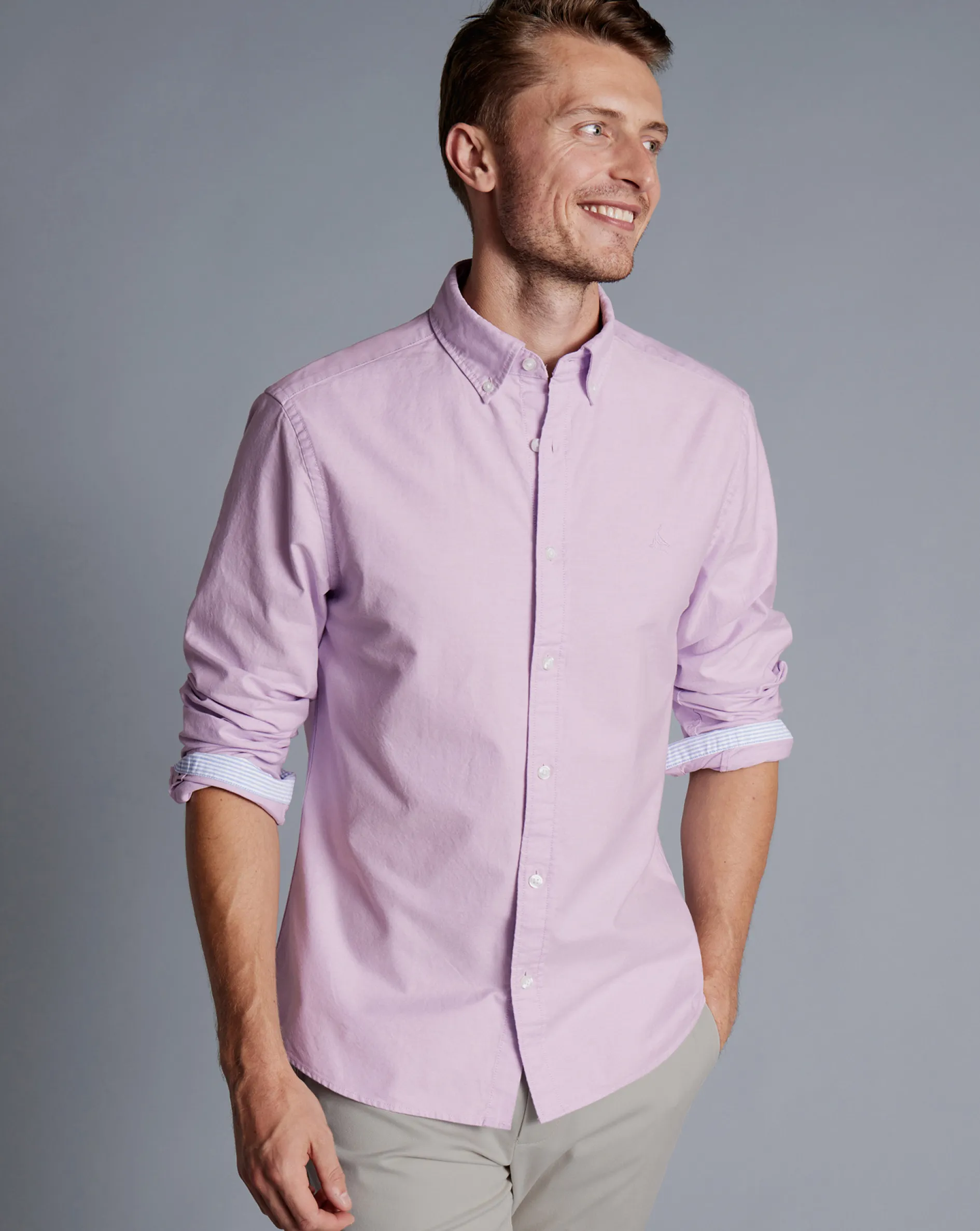 Shop Charles Tyrwhitt Button-Down Collar Washed Oxford Shirt - Purple Violet