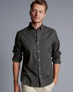 Outlet Charles Tyrwhitt Button-Down Collar Washed Fine Twill Shirt - Grey Charcoal