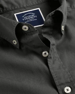 Outlet Charles Tyrwhitt Button-Down Collar Washed Fine Twill Shirt - Grey Charcoal