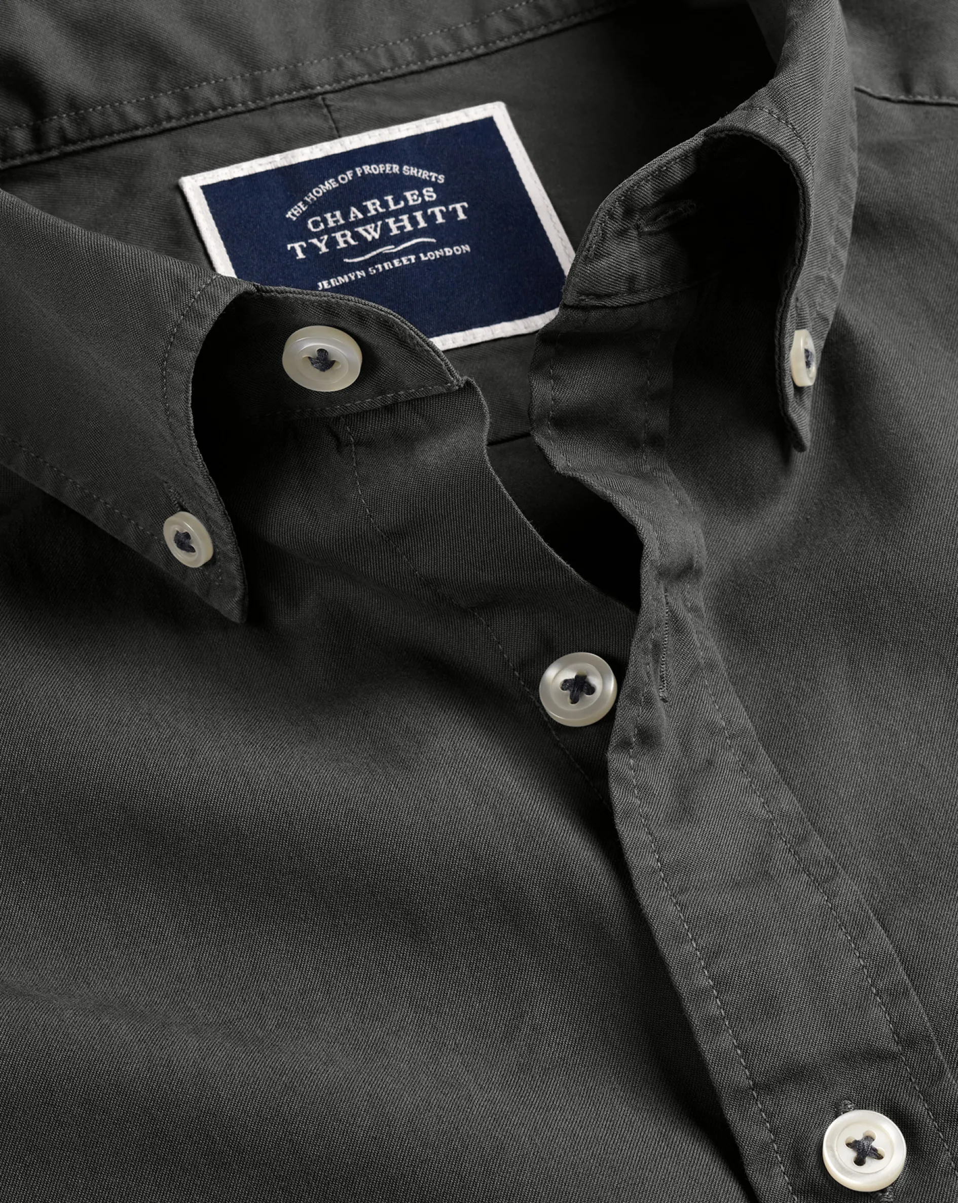 Outlet Charles Tyrwhitt Button-Down Collar Washed Fine Twill Shirt - Grey Charcoal