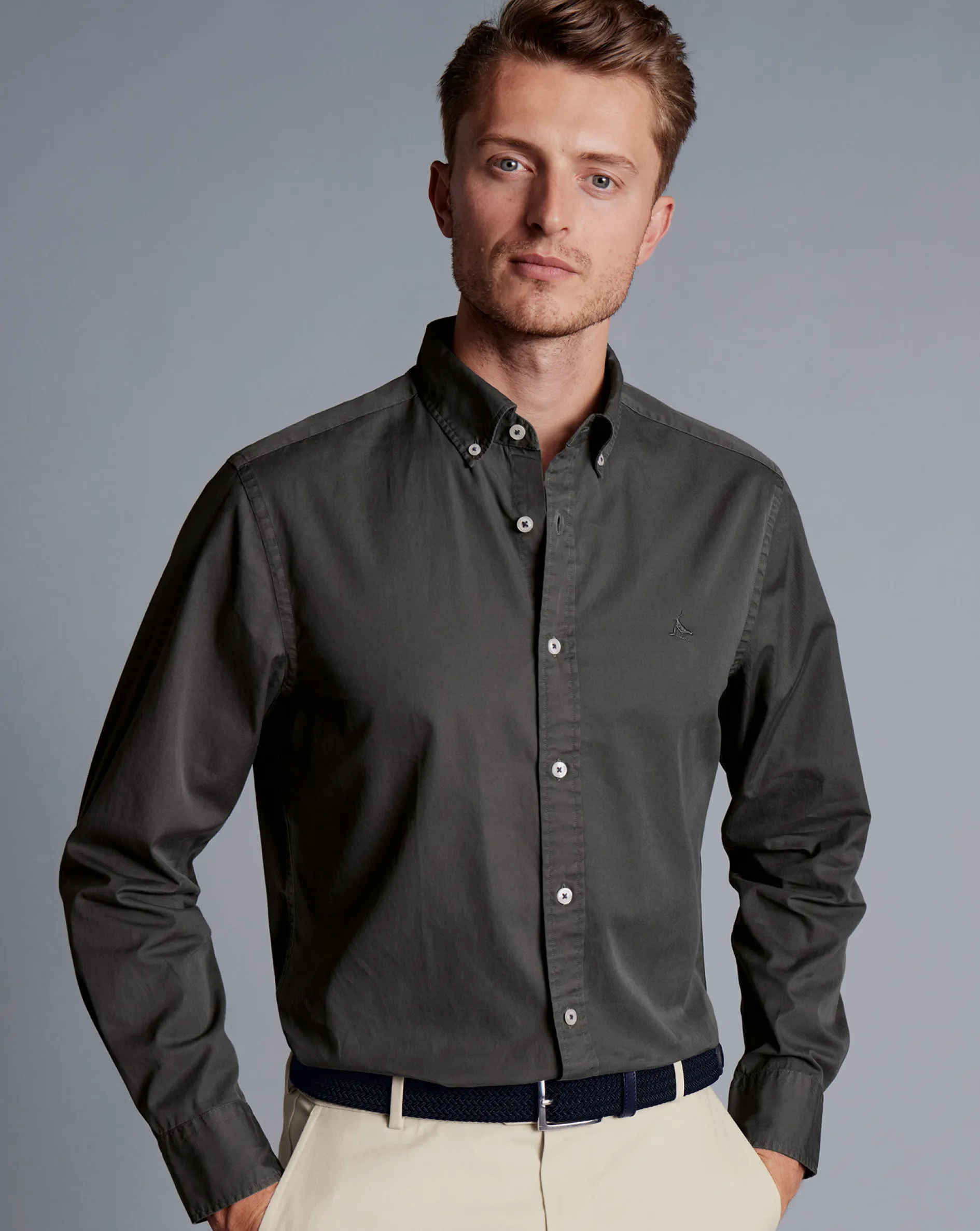 Outlet Charles Tyrwhitt Button-Down Collar Washed Fine Twill Shirt - Grey Charcoal