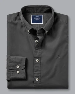 Outlet Charles Tyrwhitt Button-Down Collar Washed Fine Twill Shirt - Grey Charcoal