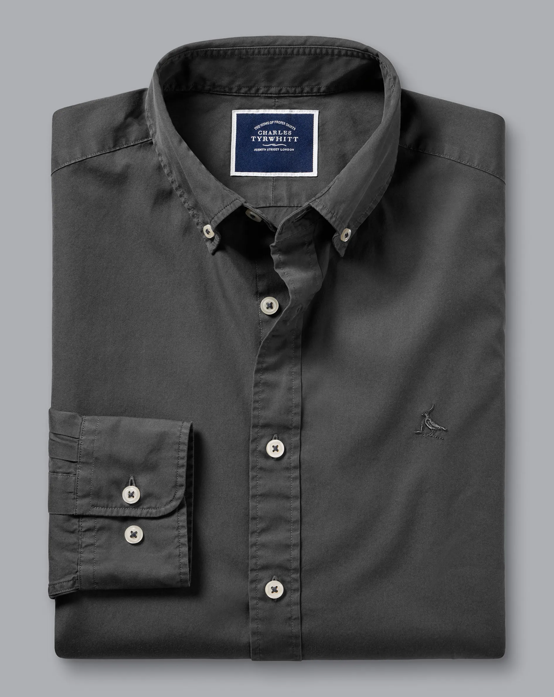 Outlet Charles Tyrwhitt Button-Down Collar Washed Fine Twill Shirt - Grey Charcoal