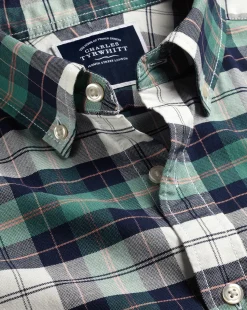 Best Charles Tyrwhitt Button-Down Collar Washed Oxford Check Shirt - Teal Green