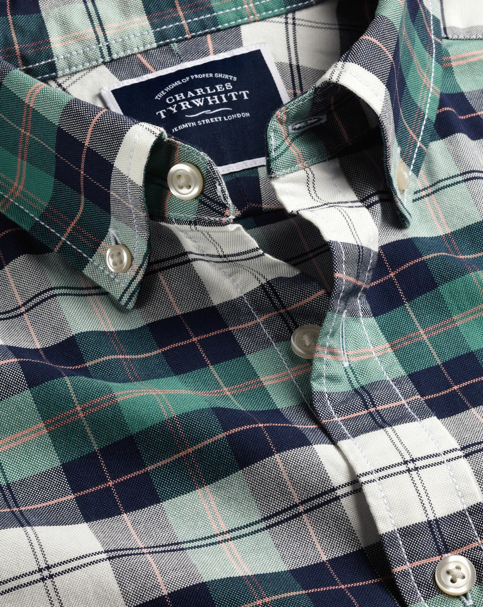 Best Charles Tyrwhitt Button-Down Collar Washed Oxford Check Shirt - Teal Green