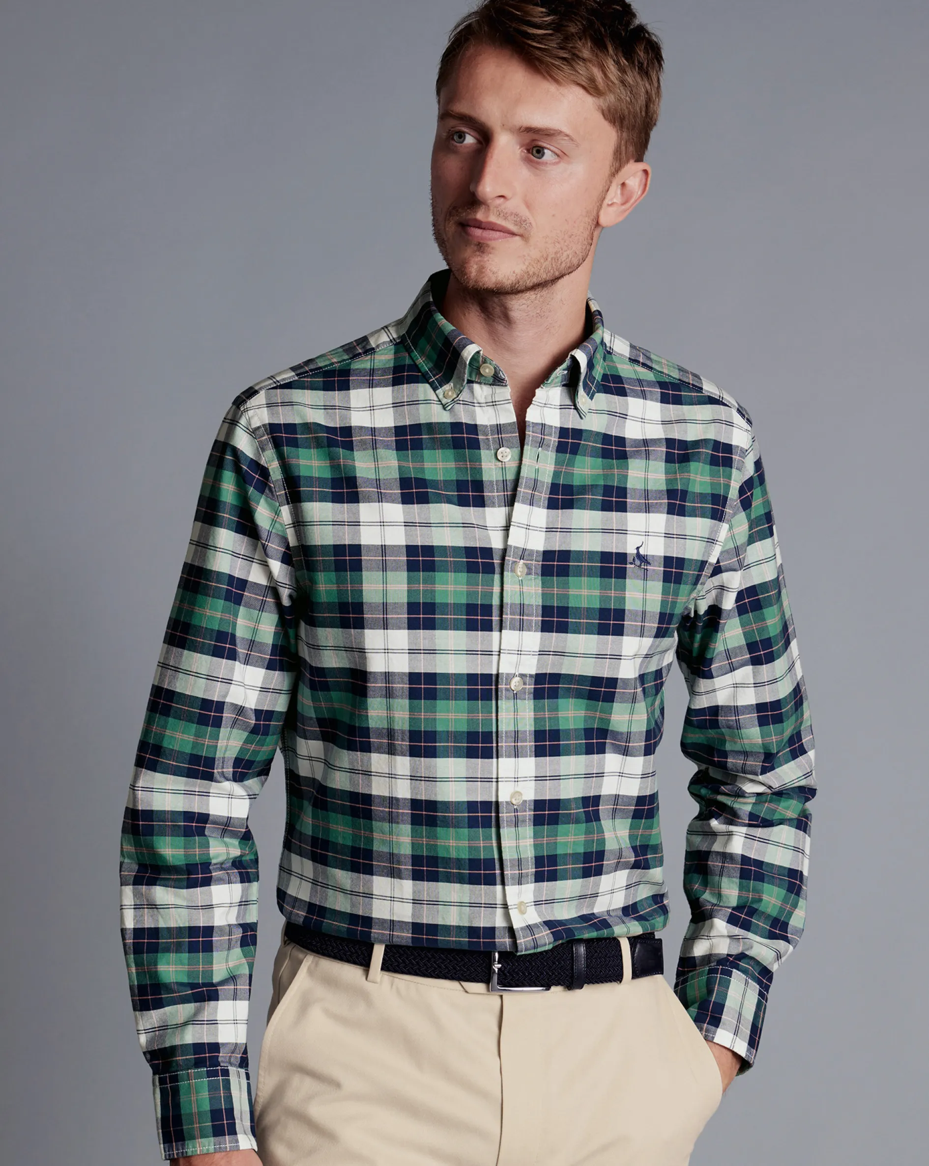 Best Charles Tyrwhitt Button-Down Collar Washed Oxford Check Shirt - Teal Green