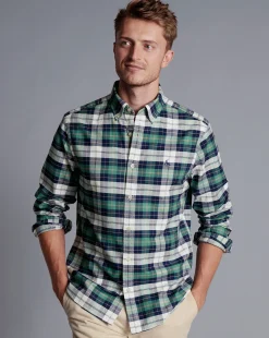 Best Charles Tyrwhitt Button-Down Collar Washed Oxford Check Shirt - Teal Green