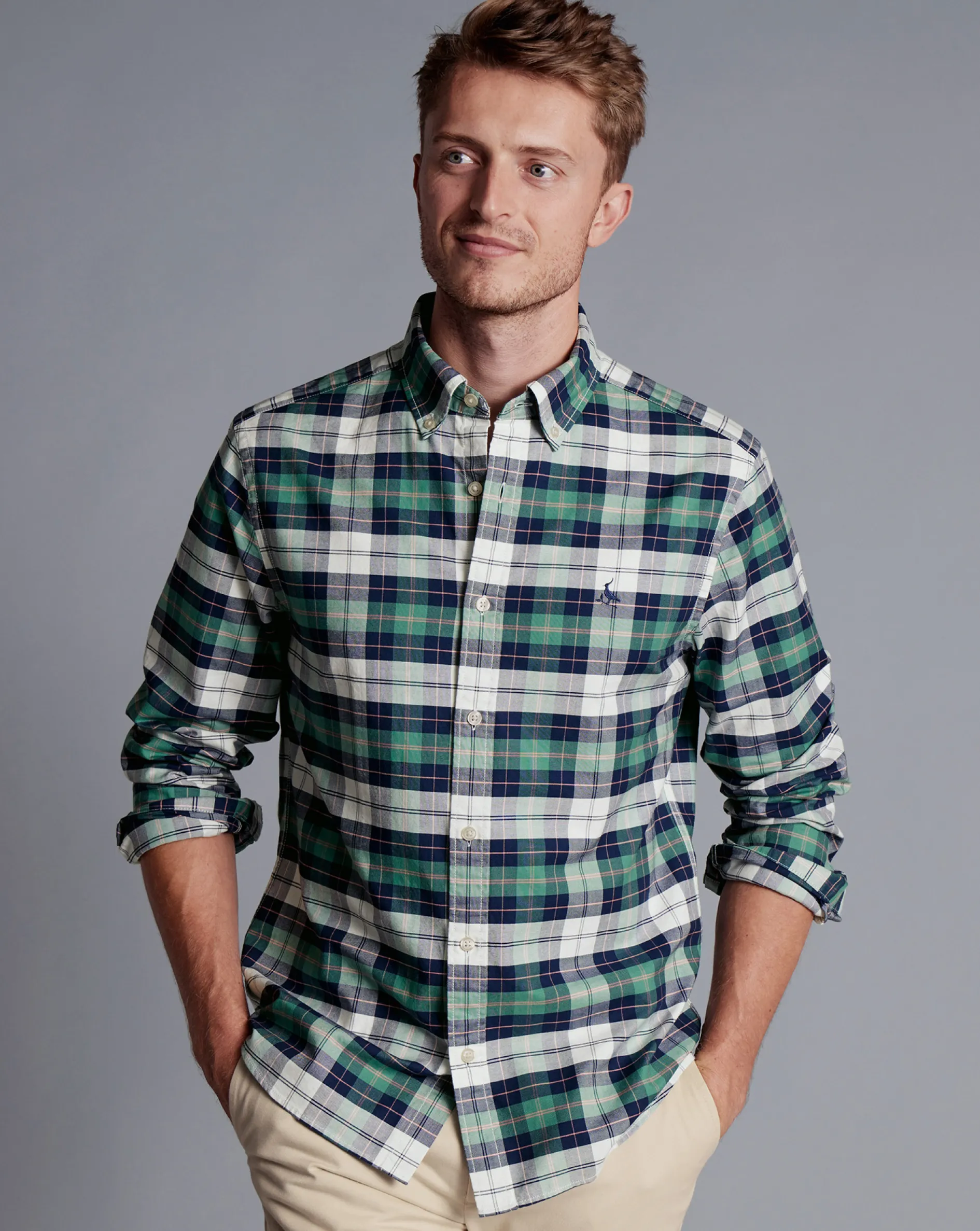 Best Charles Tyrwhitt Button-Down Collar Washed Oxford Check Shirt - Teal Green