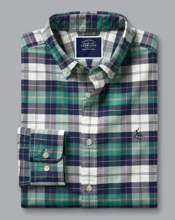 Best Charles Tyrwhitt Button-Down Collar Washed Oxford Check Shirt - Teal Green