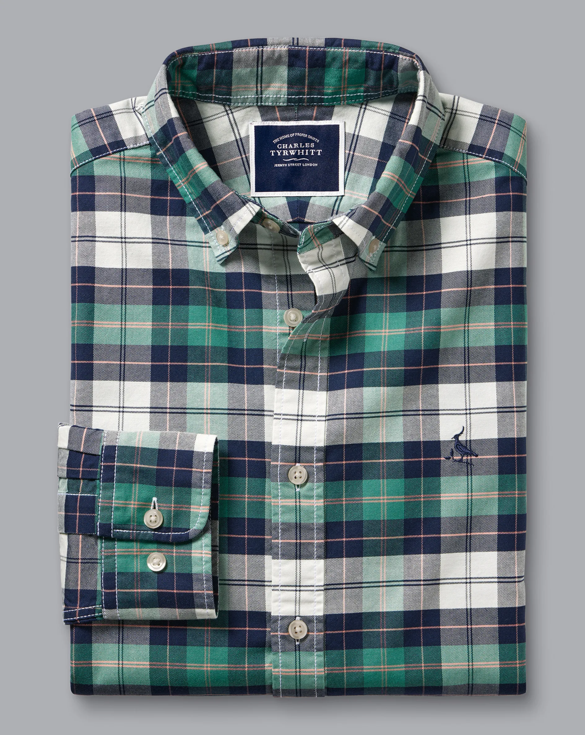 Best Charles Tyrwhitt Button-Down Collar Washed Oxford Check Shirt - Teal Green