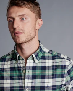 Best Charles Tyrwhitt Button-Down Collar Washed Oxford Check Shirt - Teal Green