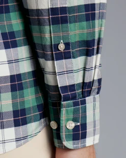 Best Charles Tyrwhitt Button-Down Collar Washed Oxford Check Shirt - Teal Green