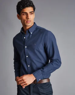 Cheap Charles Tyrwhitt Button-Down Collar Washed Oxford Shirt - Melange Dark Blue