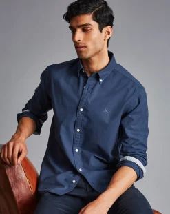 Cheap Charles Tyrwhitt Button-Down Collar Washed Oxford Shirt - Melange Dark Blue