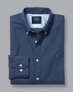 Cheap Charles Tyrwhitt Button-Down Collar Washed Oxford Shirt - Melange Dark Blue