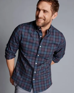 Cheap Charles Tyrwhitt Button-Down Collar Washed Oxford Check Shirt - Blackberry Blackberry Purple