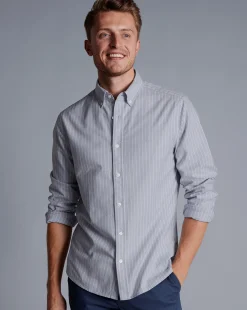 Outlet Charles Tyrwhitt Button-Down Collar Washed Oxford Butchers Stripe Shirt - Steel Blue