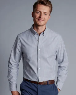 Outlet Charles Tyrwhitt Button-Down Collar Washed Oxford Butchers Stripe Shirt - Steel Blue