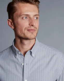 Outlet Charles Tyrwhitt Button-Down Collar Washed Oxford Butchers Stripe Shirt - Steel Blue