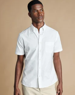 Hot Charles Tyrwhitt Button-Down Collar Washed Oxford Short Sleeve Shirt - White