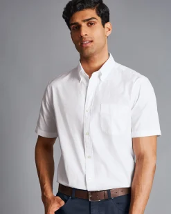 Hot Charles Tyrwhitt Button-Down Collar Washed Oxford Short Sleeve Shirt - White