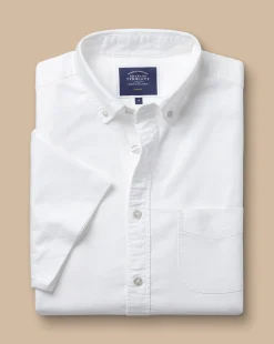 Hot Charles Tyrwhitt Button-Down Collar Washed Oxford Short Sleeve Shirt - White