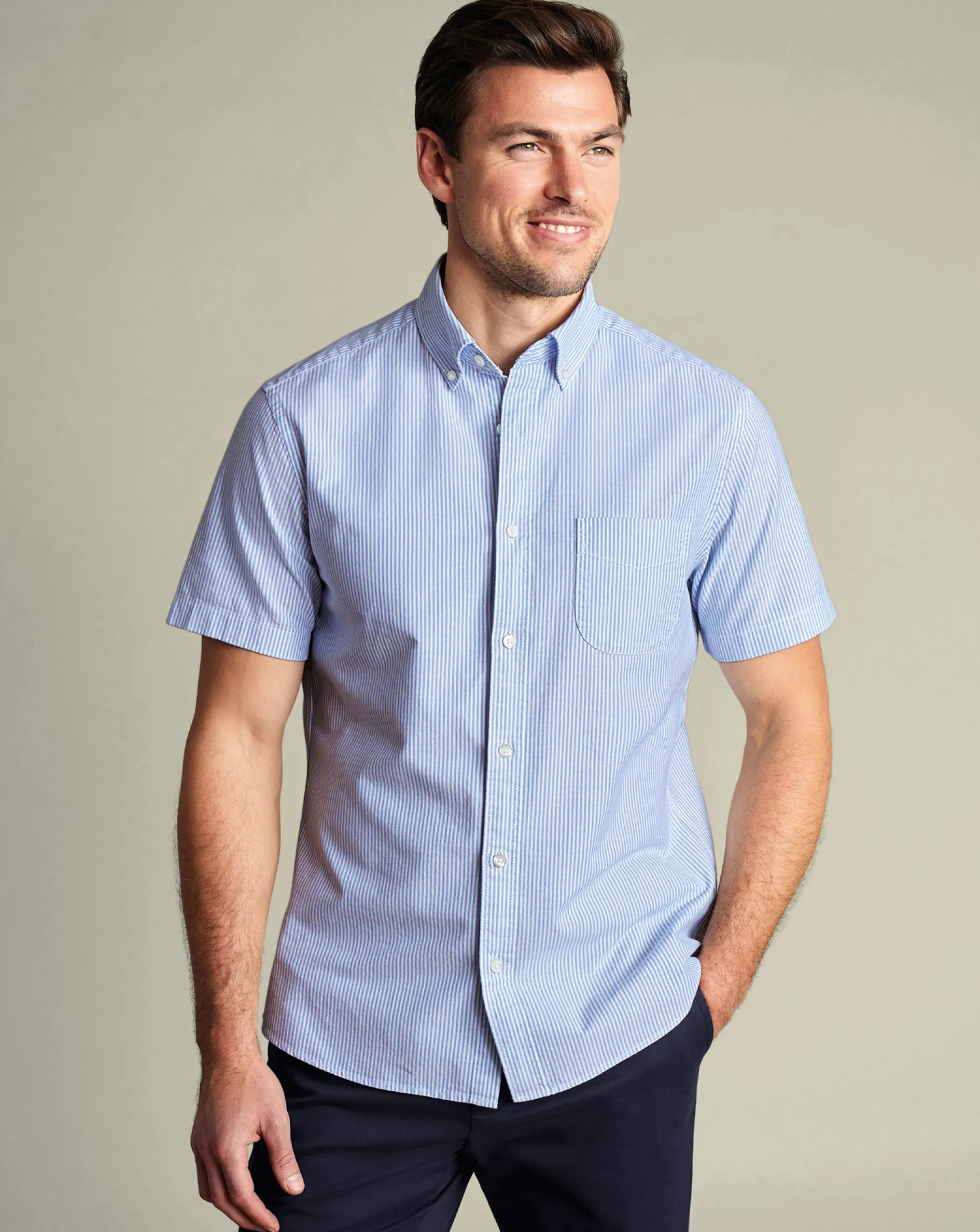 Shop Charles Tyrwhitt Button-Down Collar Washed Oxford Stripe Short Sleeve Shirt - Ocean Blue