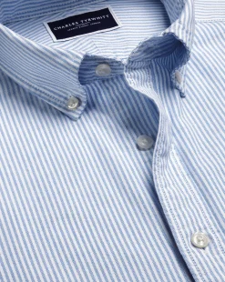 Shop Charles Tyrwhitt Button-Down Collar Washed Oxford Stripe Short Sleeve Shirt - Ocean Blue