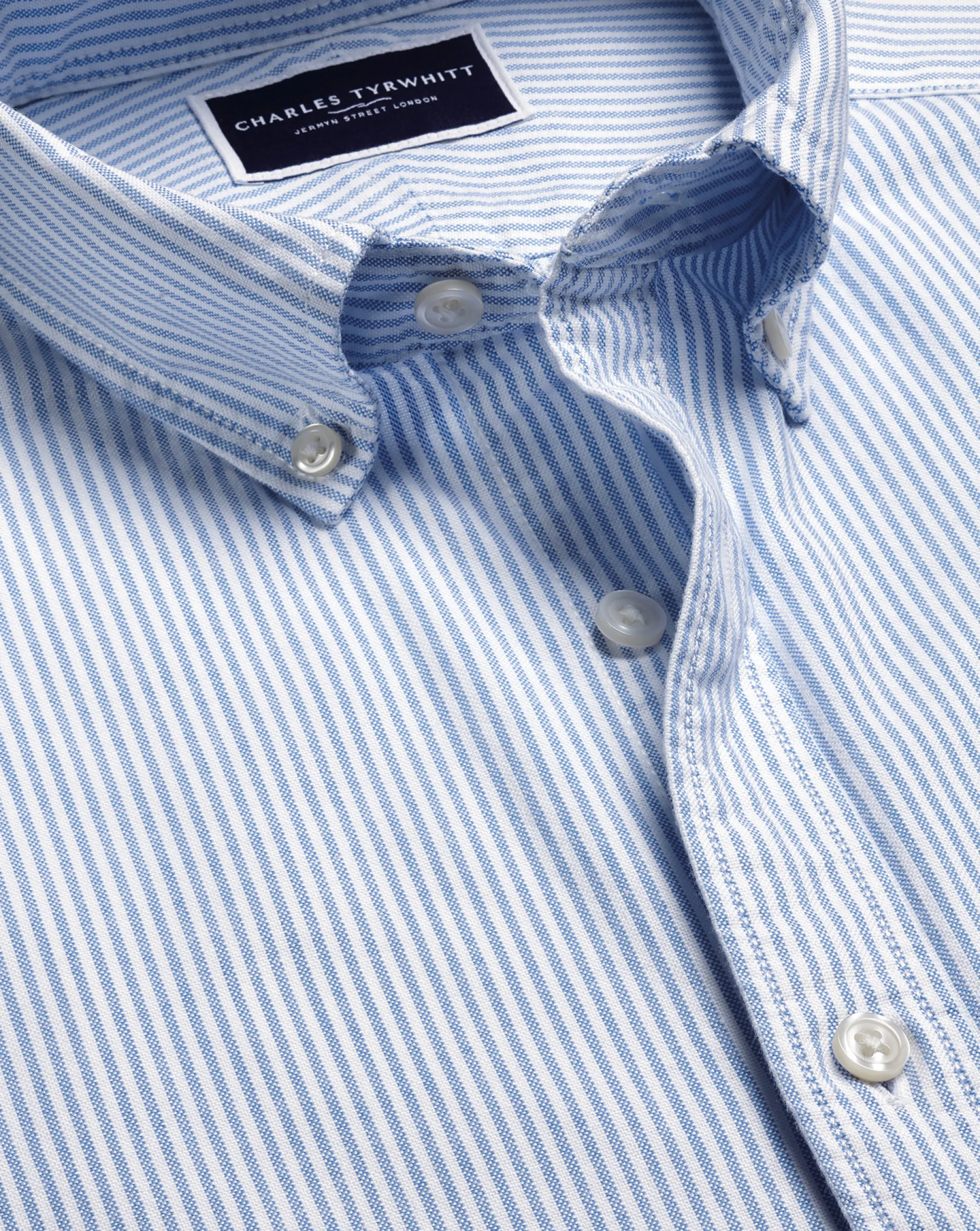 Shop Charles Tyrwhitt Button-Down Collar Washed Oxford Stripe Short Sleeve Shirt - Ocean Blue