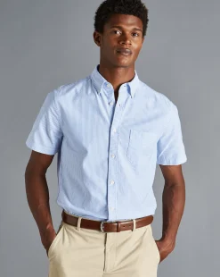 Shop Charles Tyrwhitt Button-Down Collar Washed Oxford Stripe Short Sleeve Shirt - Ocean Blue