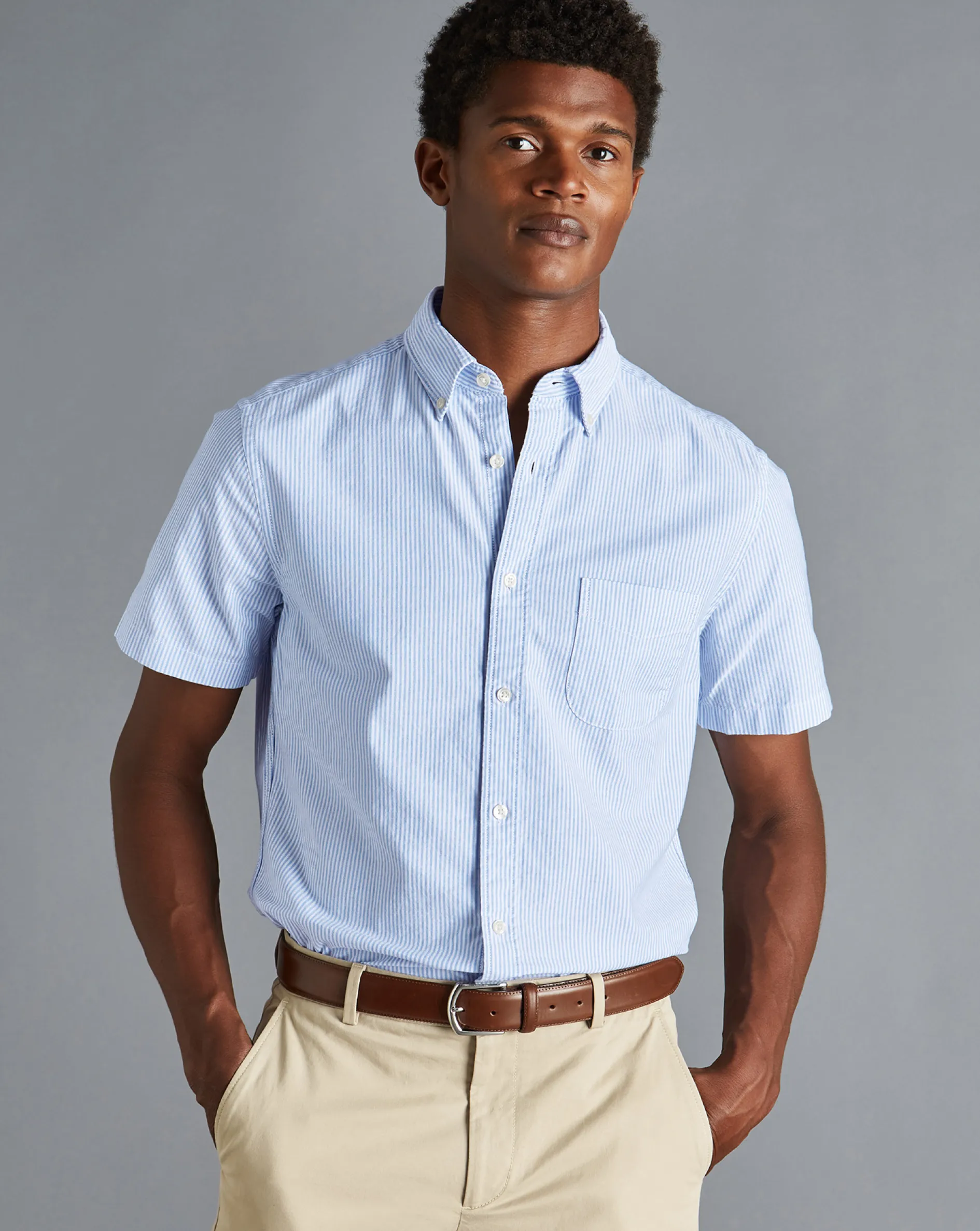 Shop Charles Tyrwhitt Button-Down Collar Washed Oxford Stripe Short Sleeve Shirt - Ocean Blue