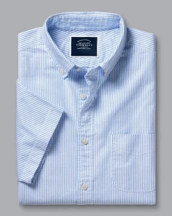 Shop Charles Tyrwhitt Button-Down Collar Washed Oxford Stripe Short Sleeve Shirt - Ocean Blue