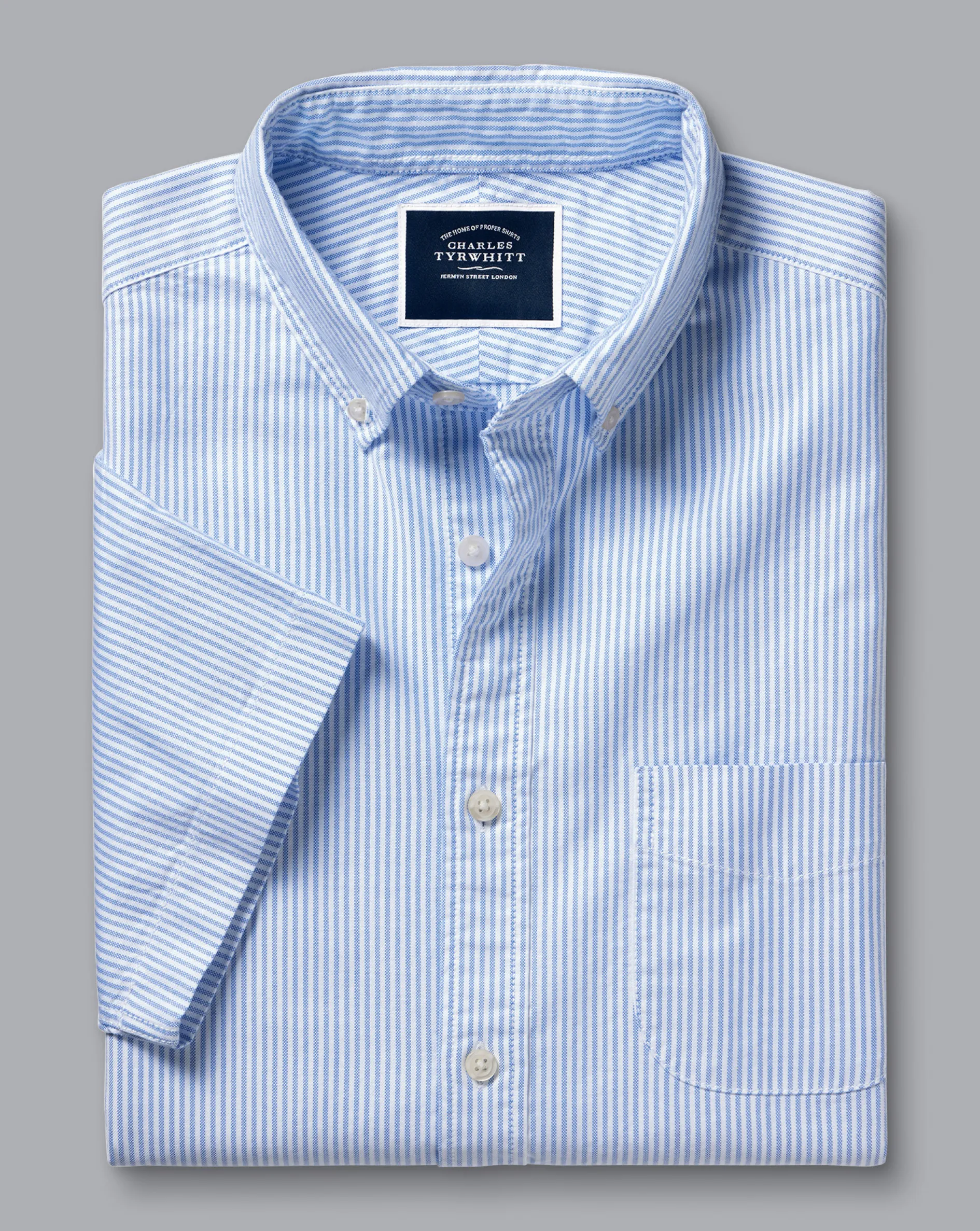 Shop Charles Tyrwhitt Button-Down Collar Washed Oxford Stripe Short Sleeve Shirt - Ocean Blue