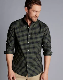 Best Charles Tyrwhitt Button-Down Collar Washed Oxford Check Shirt - Green Olive