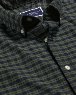 Best Charles Tyrwhitt Button-Down Collar Washed Oxford Check Shirt - Green Olive
