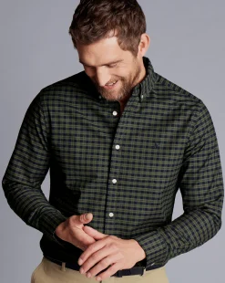 Best Charles Tyrwhitt Button-Down Collar Washed Oxford Check Shirt - Green Olive