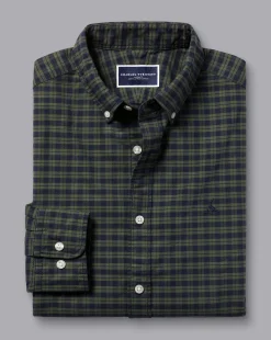 Best Charles Tyrwhitt Button-Down Collar Washed Oxford Check Shirt - Green Olive