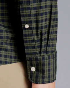 Best Charles Tyrwhitt Button-Down Collar Washed Oxford Check Shirt - Green Olive