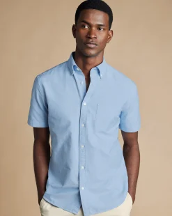 Hot Charles Tyrwhitt Button-Down Collar Washed Oxford Short Sleeve Shirt - Blue Sky