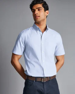 Hot Charles Tyrwhitt Button-Down Collar Washed Oxford Short Sleeve Shirt - Blue Sky
