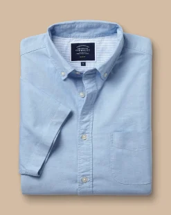 Hot Charles Tyrwhitt Button-Down Collar Washed Oxford Short Sleeve Shirt - Blue Sky